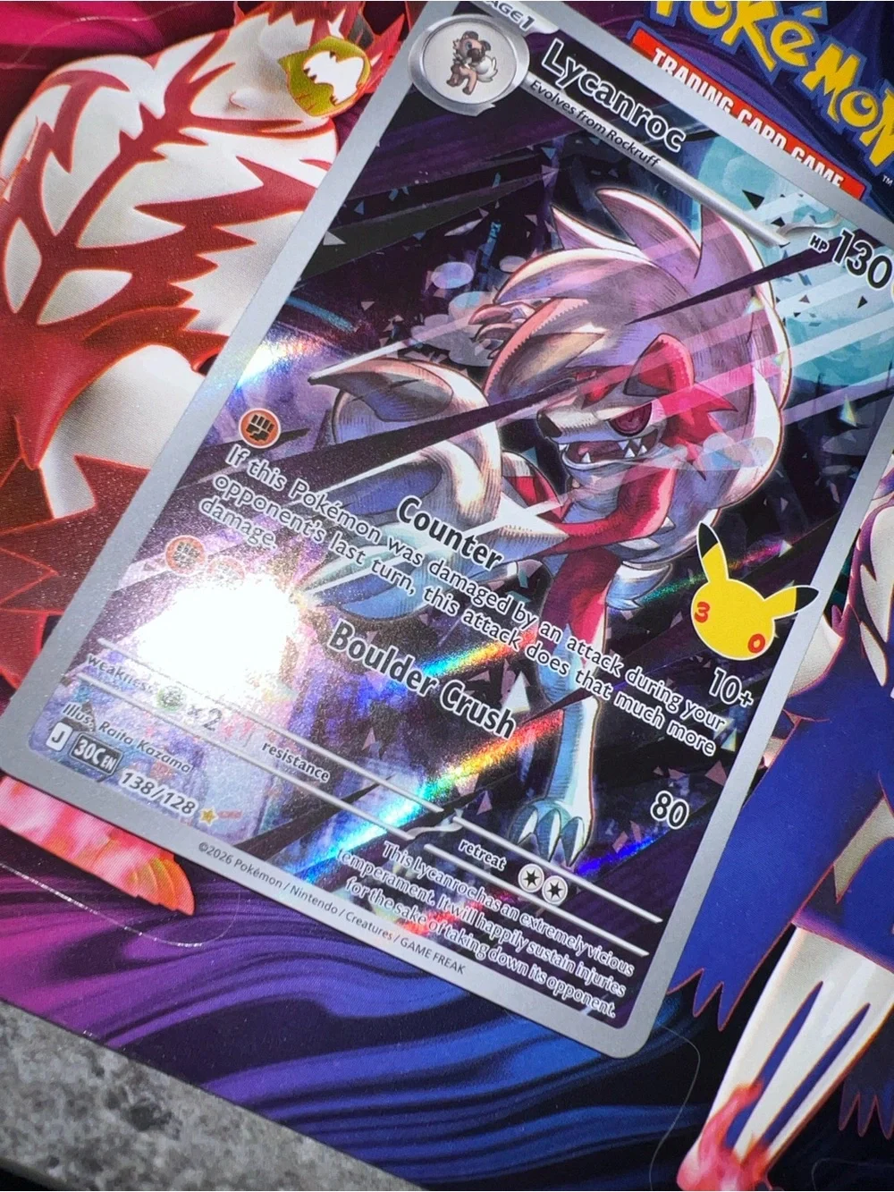 Pokemon Lycanroc Holo Card - White, Red, Blue, Purple